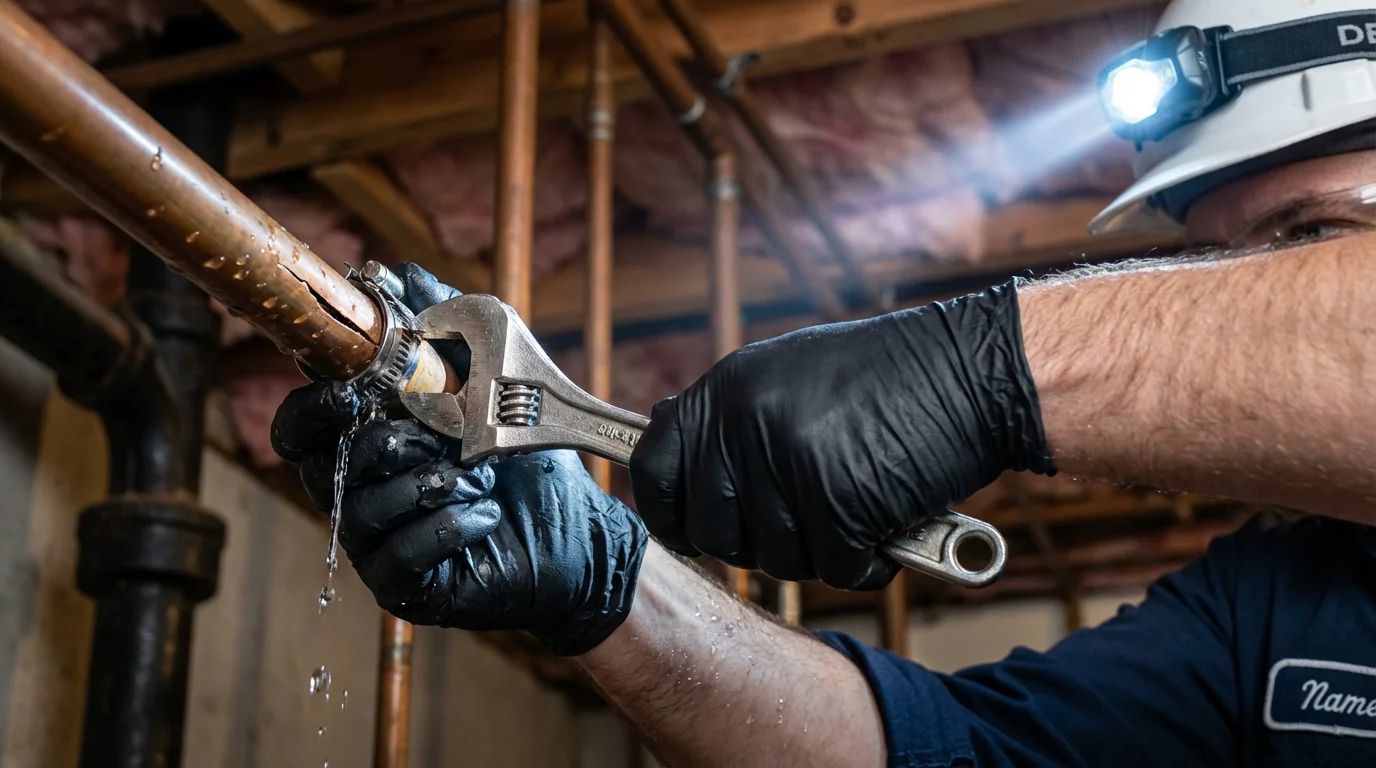 Emergency pipe clamp repair being performed by a Johns Plumbing LLC plumber in Whiteman Air Force Base