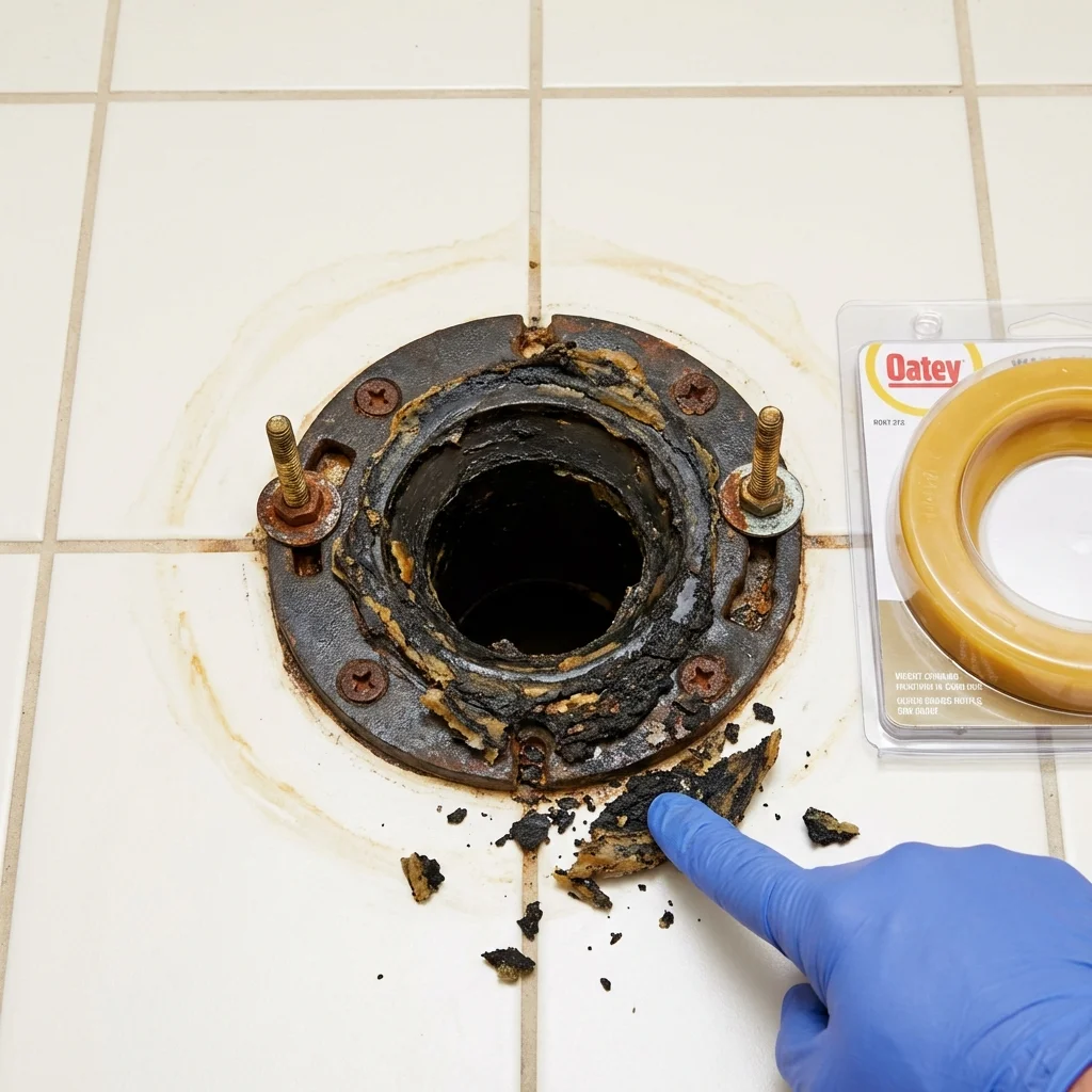 Failed wax ring showing water seepage at the base of a toilet in a Whiteman Air Force Base, MO home