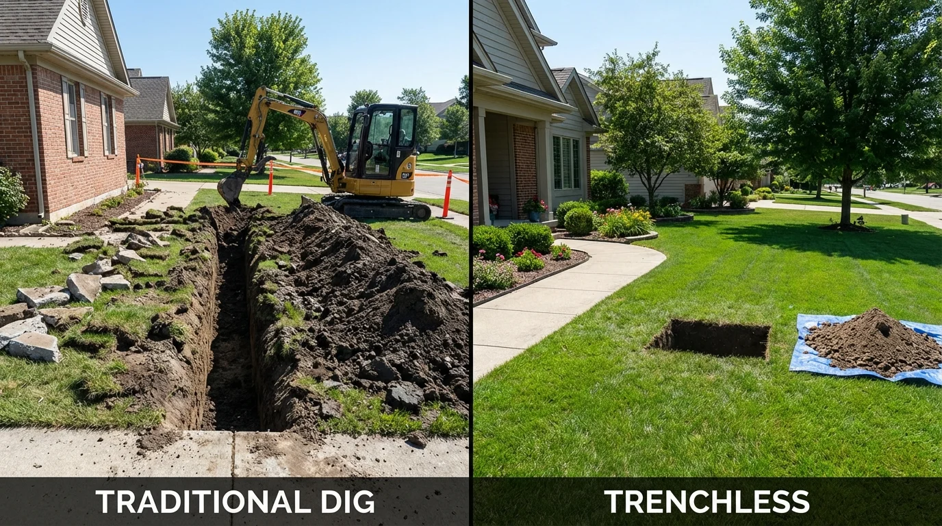 Trenchless sewer repair with minimal yard damage versus traditional excavation in Whiteman Air Force Base, MO
