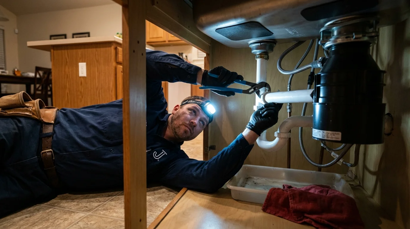 P-trap and supply line connections under a kitchen sink showing a common leak point in Whiteman Air Force Base, MO